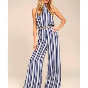 Lulus Oceanside Blue & White Striped Halter Jumpsuit Size L